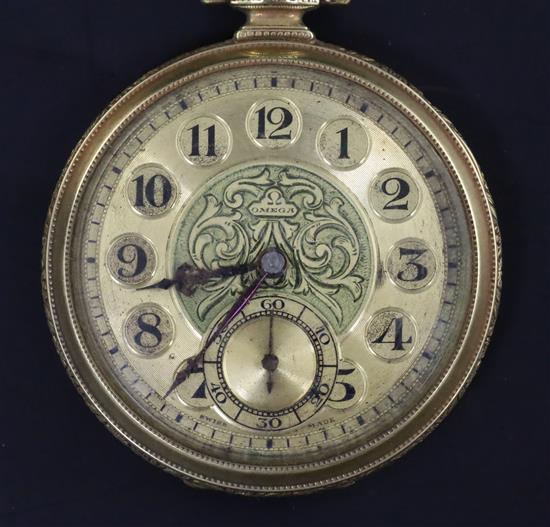 An early 20th century 14ct gold and black enamel Omega open face keyless dress pocket watch,